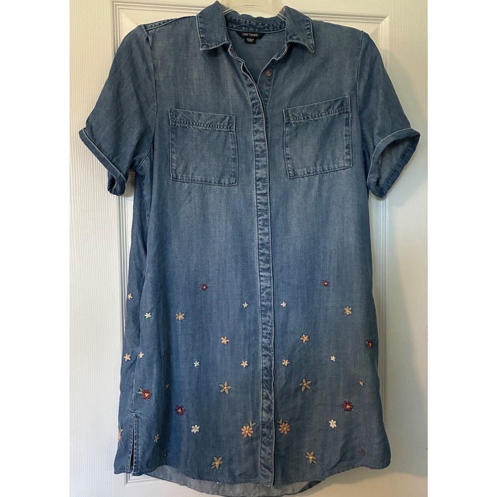 Driftwood Mabel Embroidered Denim Shirt Dress Short Sleeve Lyocell Floral Boho L